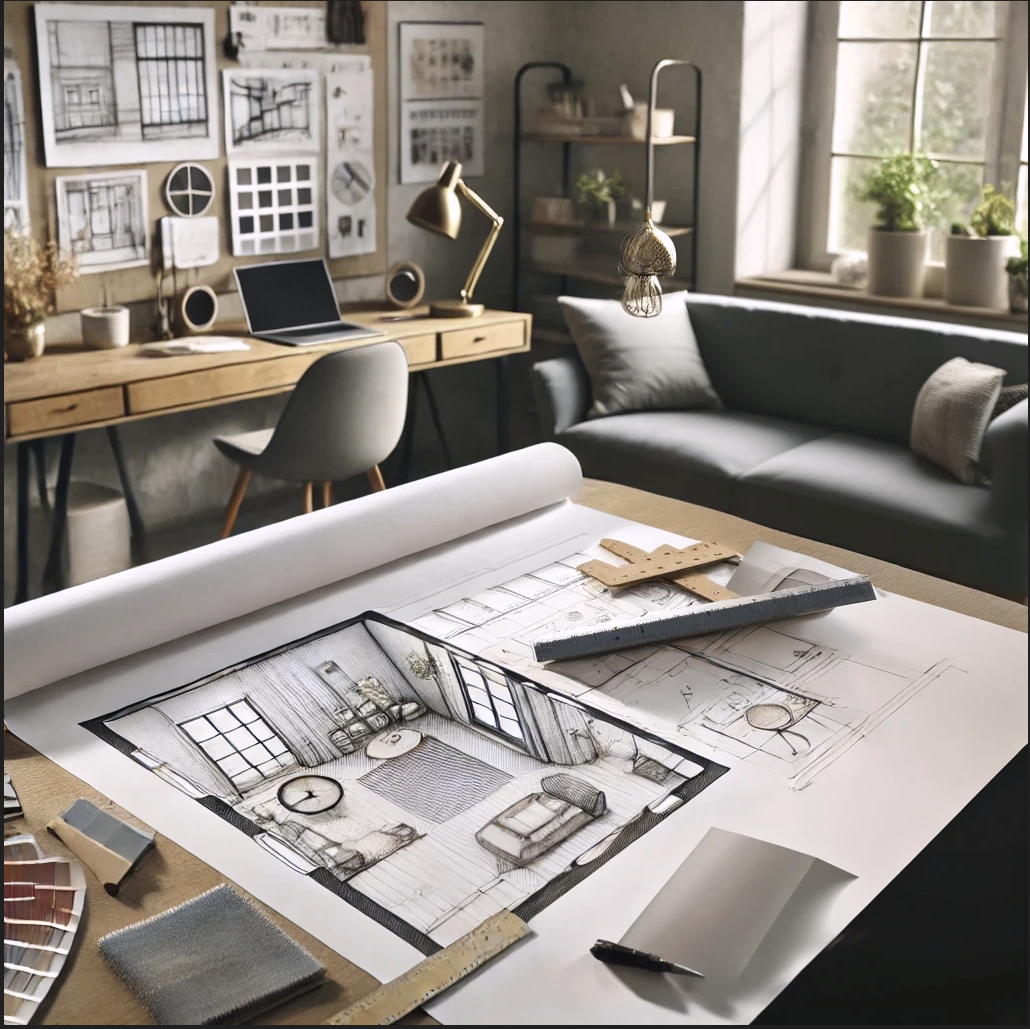 Planșe, schițe și materiale pentru proiectarea unui interior